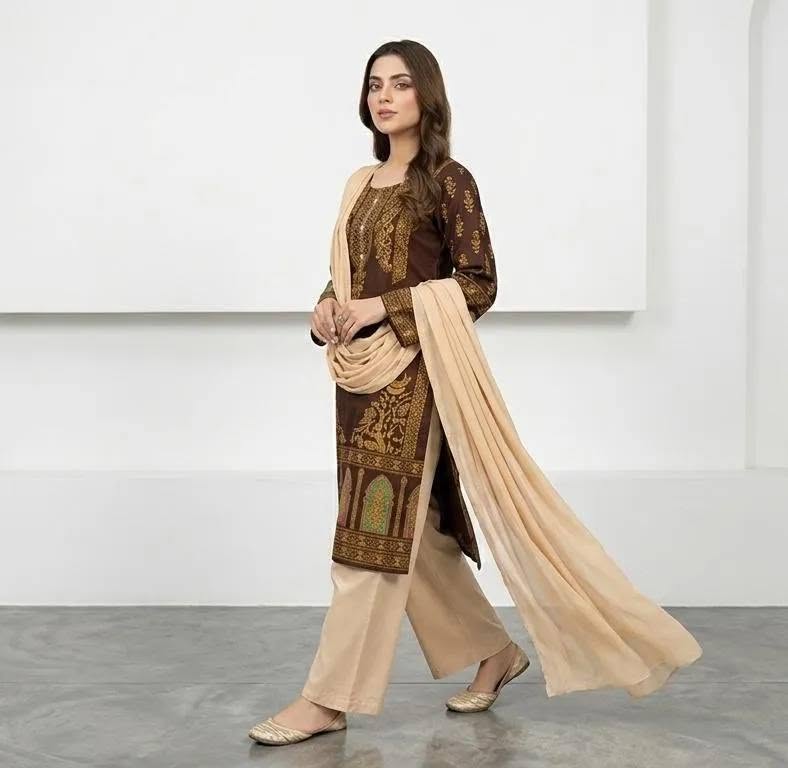 Brown Block Printed Arabic Lawn 3-Piece Suit