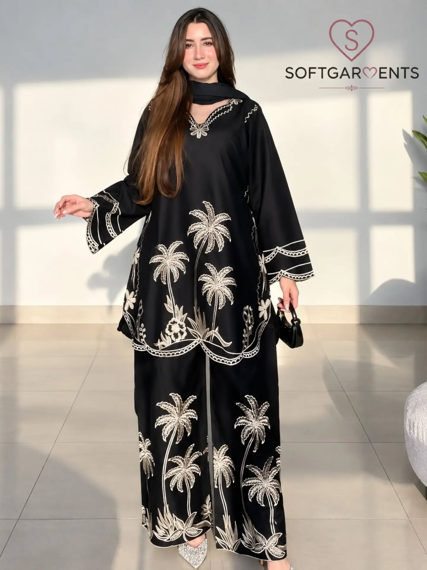 2 Pcs Women's Stitched Cotton Embroidered Shirt & Farshi Shalwar